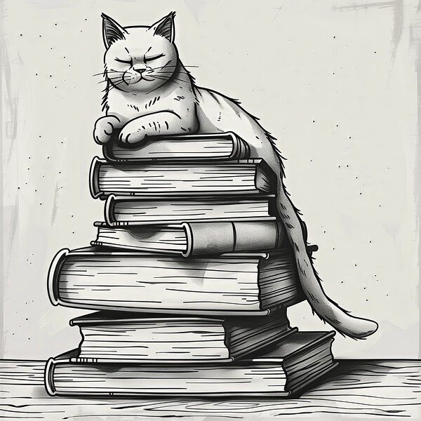 Katze sitzt auf einem Bücherstapel Katze sitzt auf einem Bücherstapel