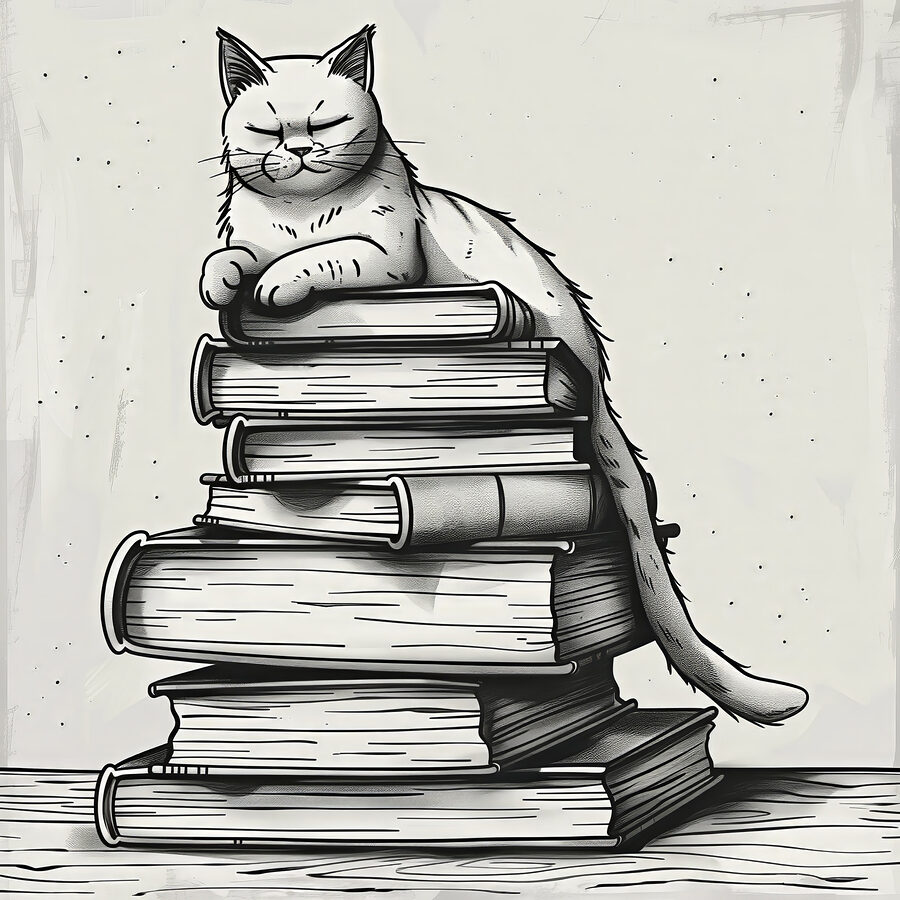 Katze sitzt auf einem Bücherstapel Katze sitzt auf einem Bücherstapel