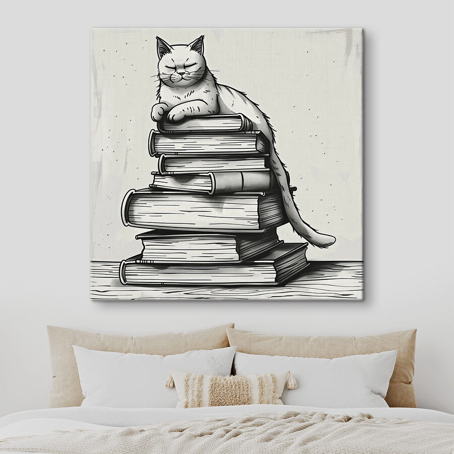 Katze sitzt auf einem Bücherstapel Katze sitzt auf einem Bücherstapel