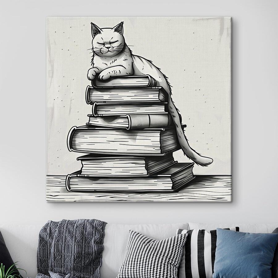 Katze sitzt auf einem Bücherstapel Katze sitzt auf einem Bücherstapel