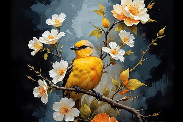 Vogel auf einem Zweig mit Blumen Vogel auf einem Zweig mit Blumen