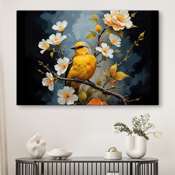 Vogel auf einem Zweig mit Blumen Vogel auf einem Zweig mit Blumen