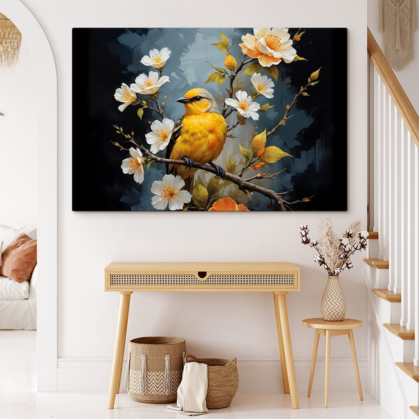 Vogel auf einem Zweig mit Blumen Vogel auf einem Zweig mit Blumen