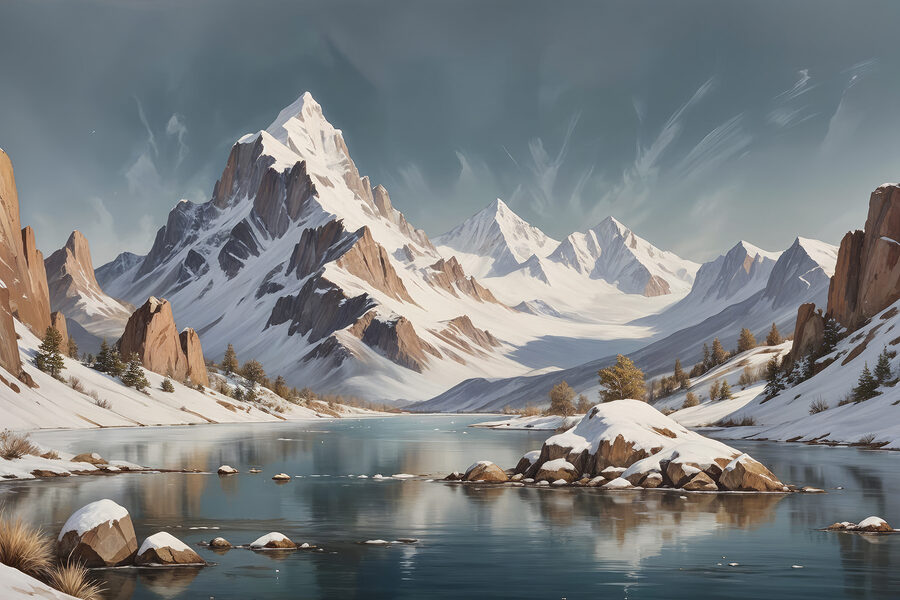 Verschneites Gebirge mit einem See