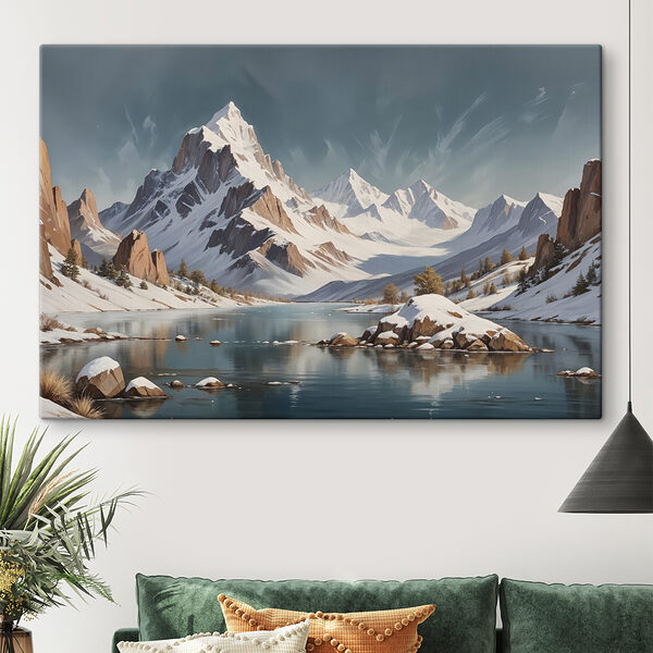 Verschneites Gebirge mit einem See Verschneites Gebirge mit einem See