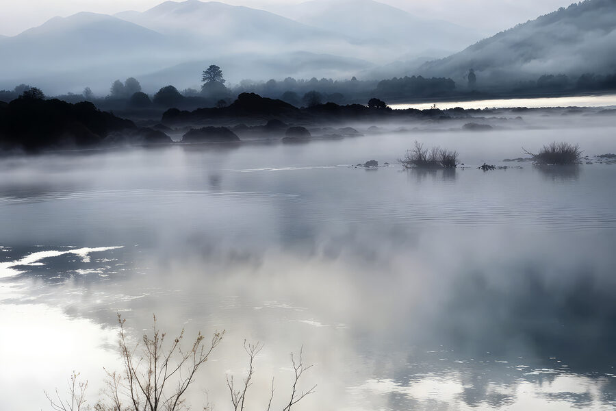Neblige Landschaft mit Bergen und Wasser