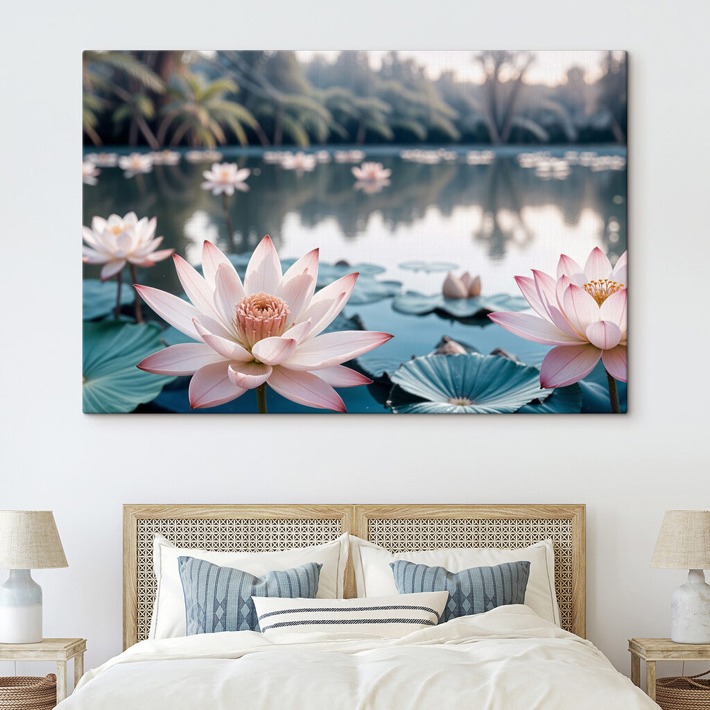 Pink and white flowers on a lake