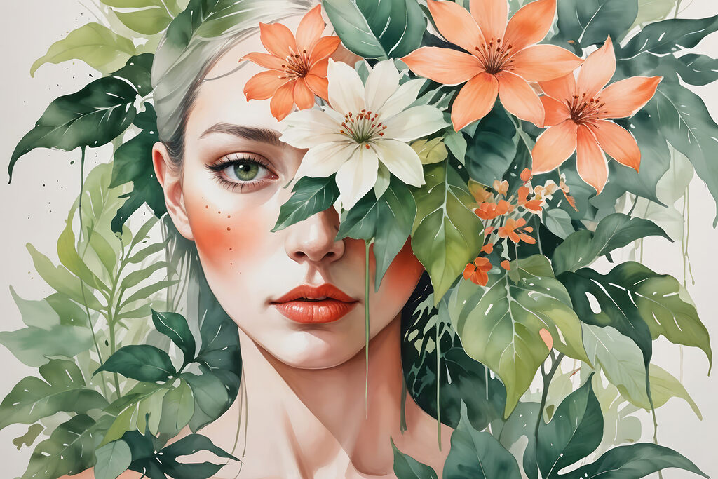 Woman with flowers around her face