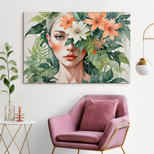 Woman with flowers around her face