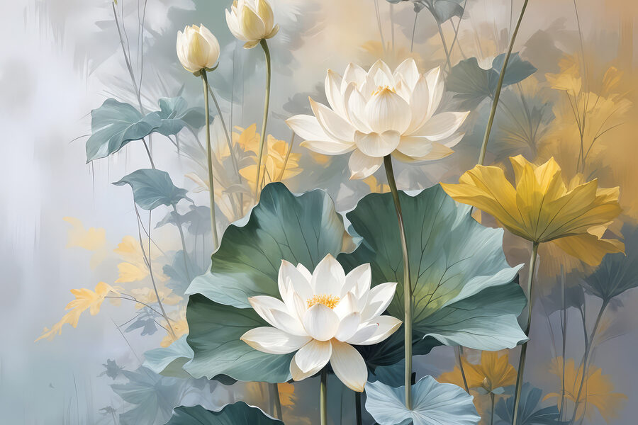 Gemälde mit weißen Blumen und grünen Blättern