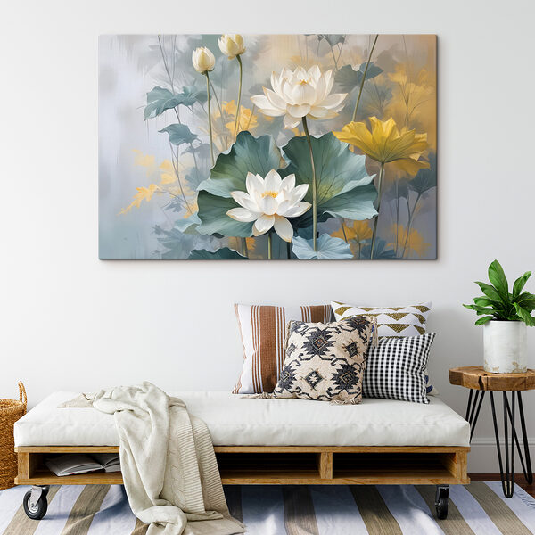 Gemälde mit weißen Blumen und grünen Blättern Gemälde mit weißen Blumen und grünen Blättern