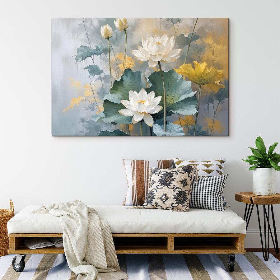 Gemälde mit weißen Blumen und grünen Blättern