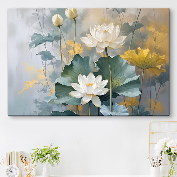 Gemälde mit weißen Blumen und grünen Blättern Gemälde mit weißen Blumen und grünen Blättern