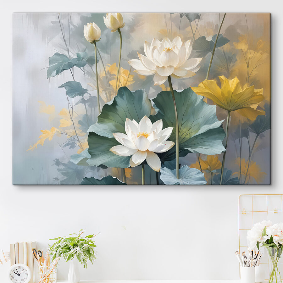 Gemälde mit weißen Blumen und grünen Blättern