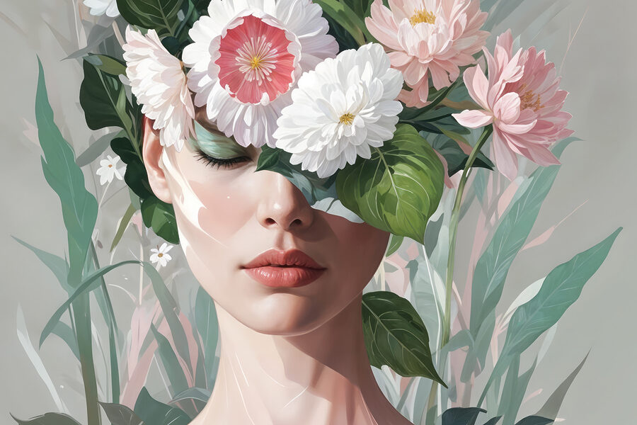 Frau mit Blumen auf dem Kopf