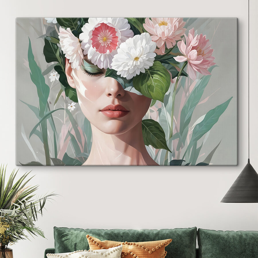 Frau mit Blumen auf dem Kopf