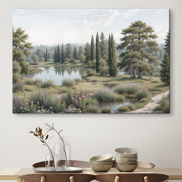 See mit Bäumen, Gras und Blumen See mit Bäumen, Gras und Blumen