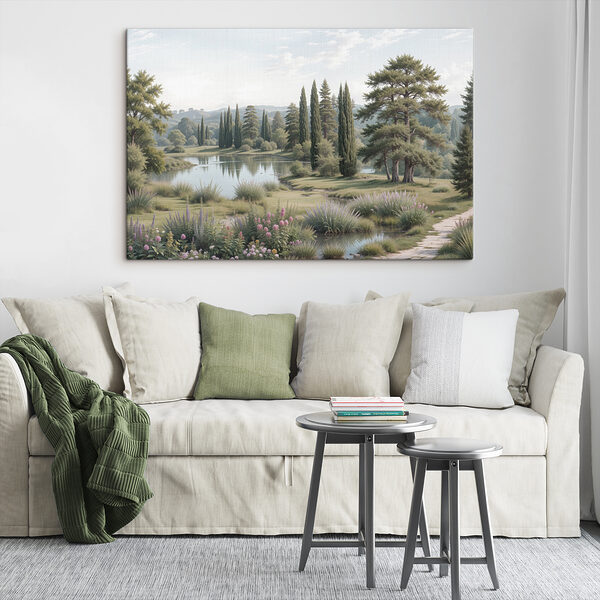 See mit Bäumen, Gras und Blumen See mit Bäumen, Gras und Blumen