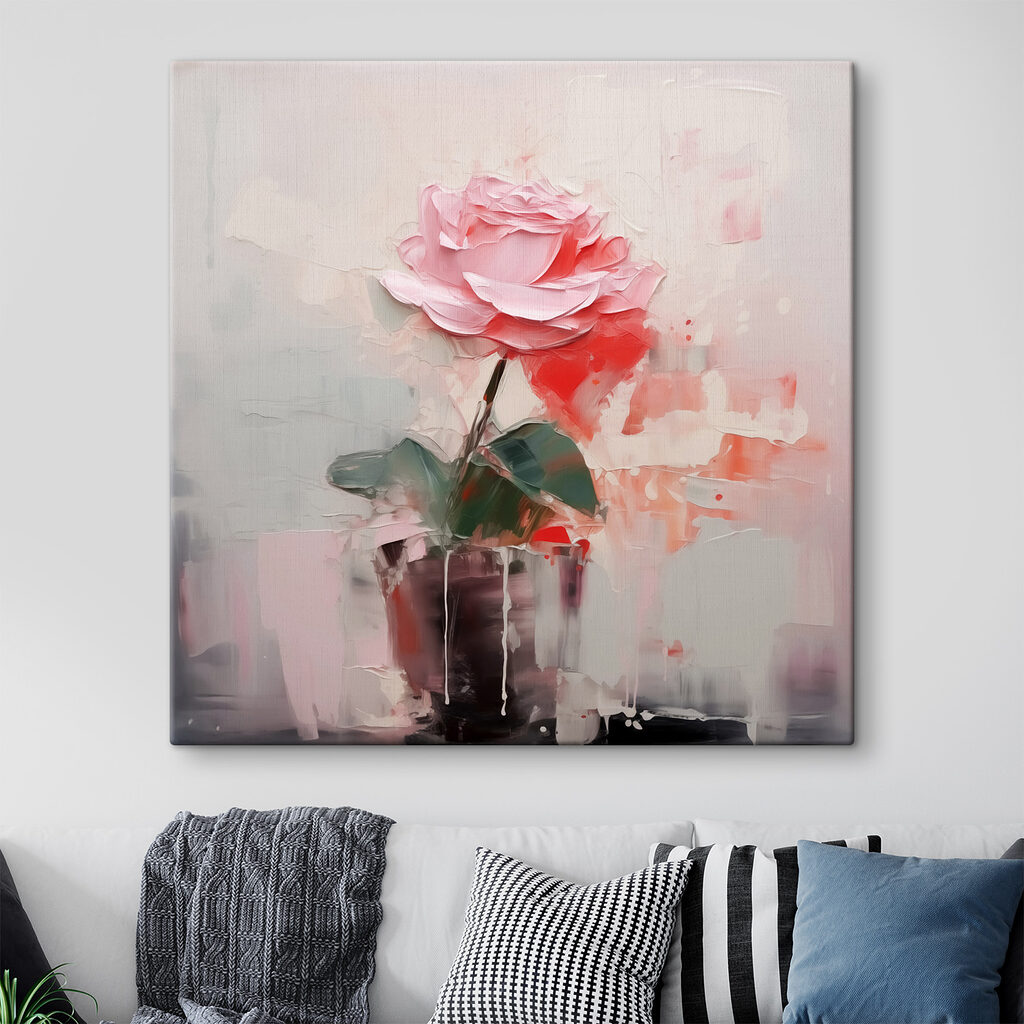 Painting of a pink rose in a pot