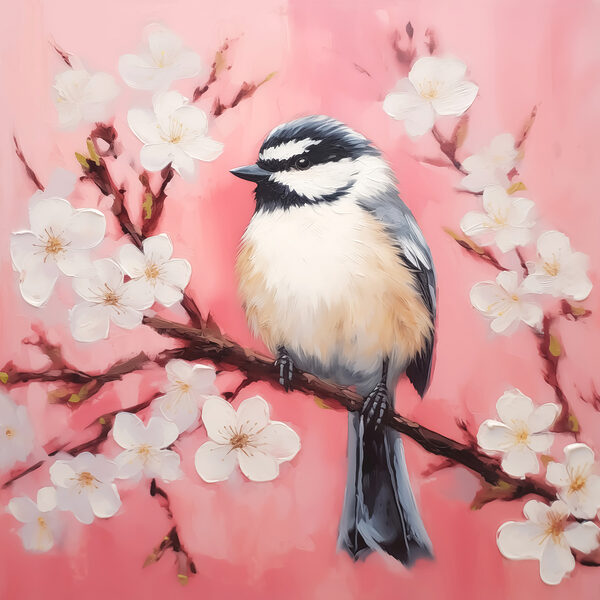 Vogel auf einem Zweig mit weißen Blüten Vogel auf einem Zweig mit weißen Blüten