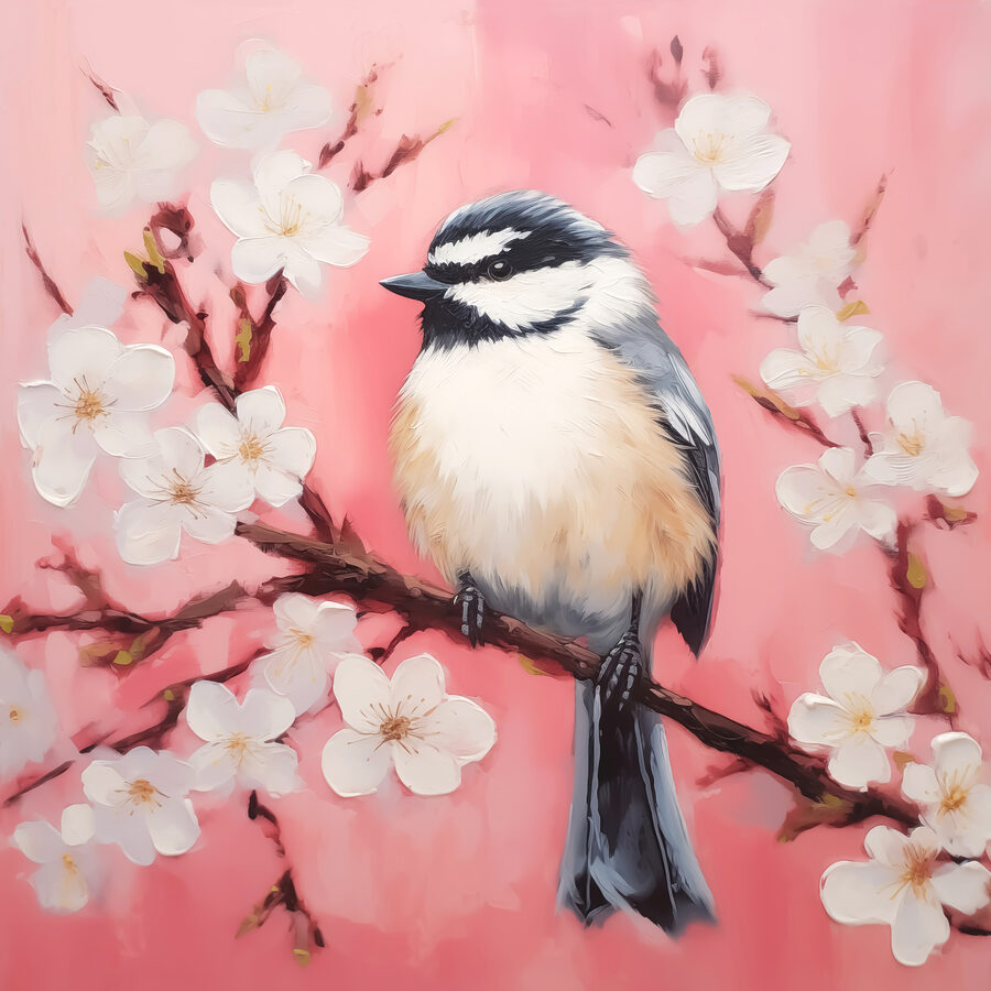 Vogel auf einem Zweig mit weißen Blüten