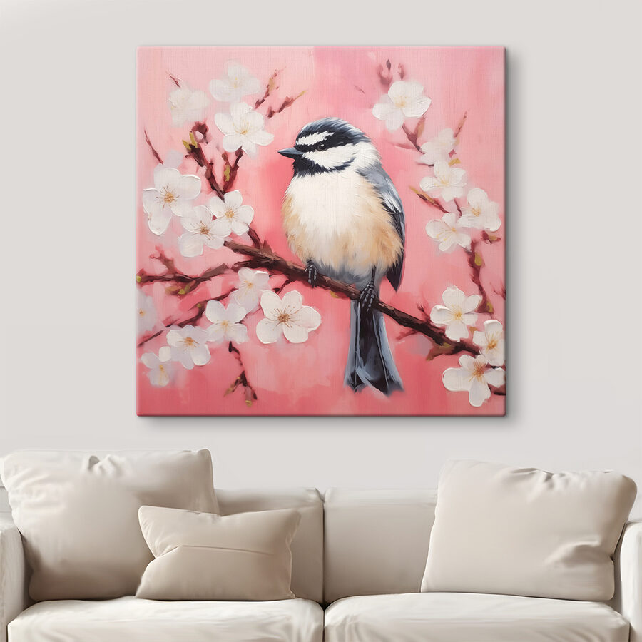 Vogel auf einem Zweig mit weißen Blüten