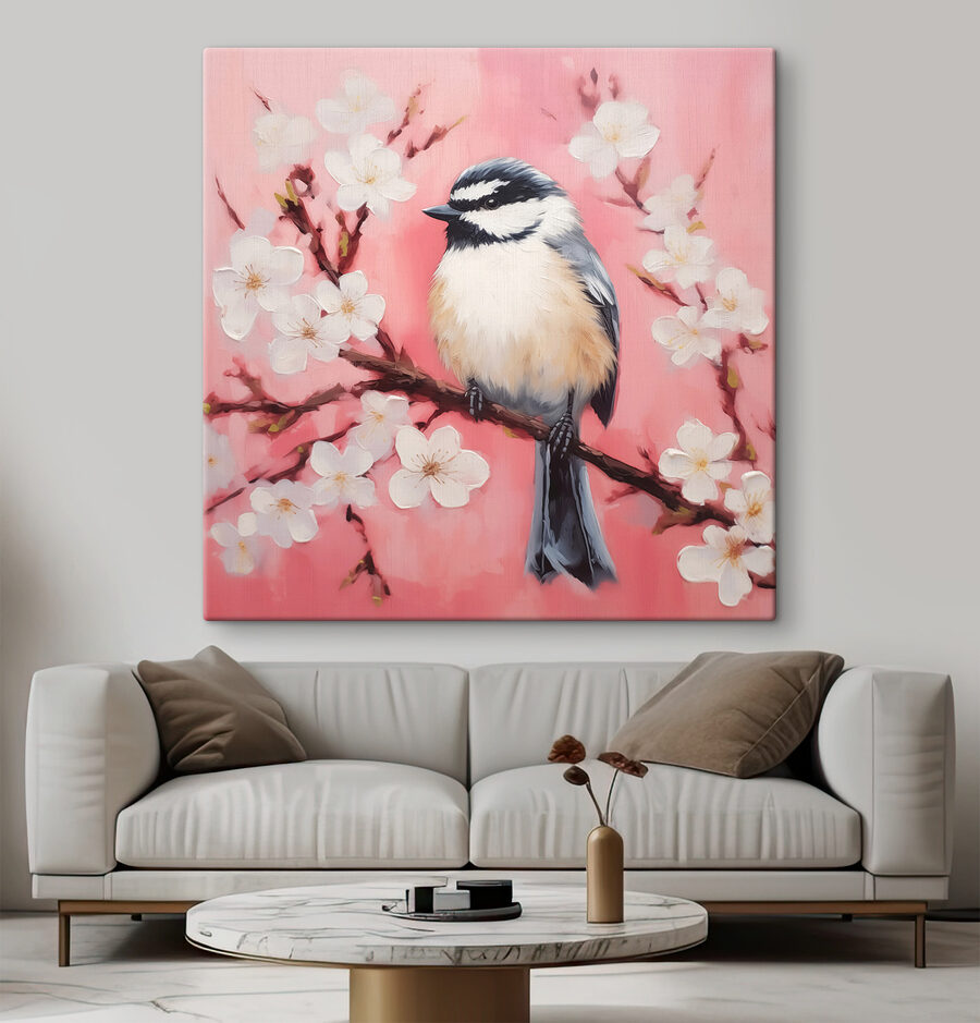 Vogel auf einem Zweig mit weißen Blüten