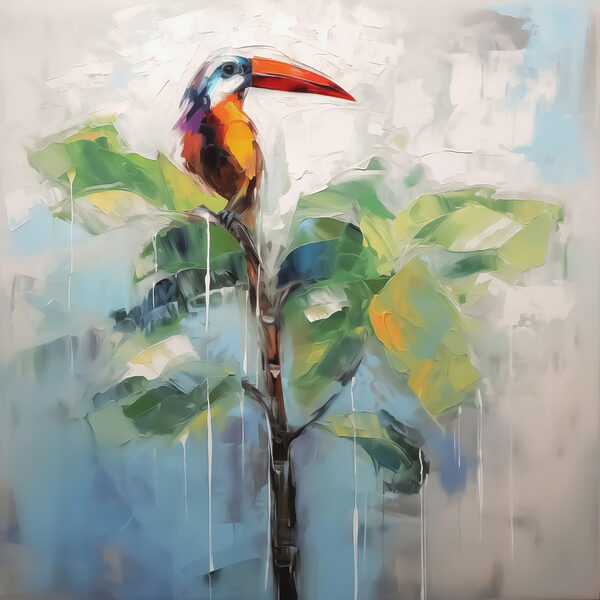 Gemälde eines Vogels auf einem Ast Gemälde eines Vogels auf einem Ast