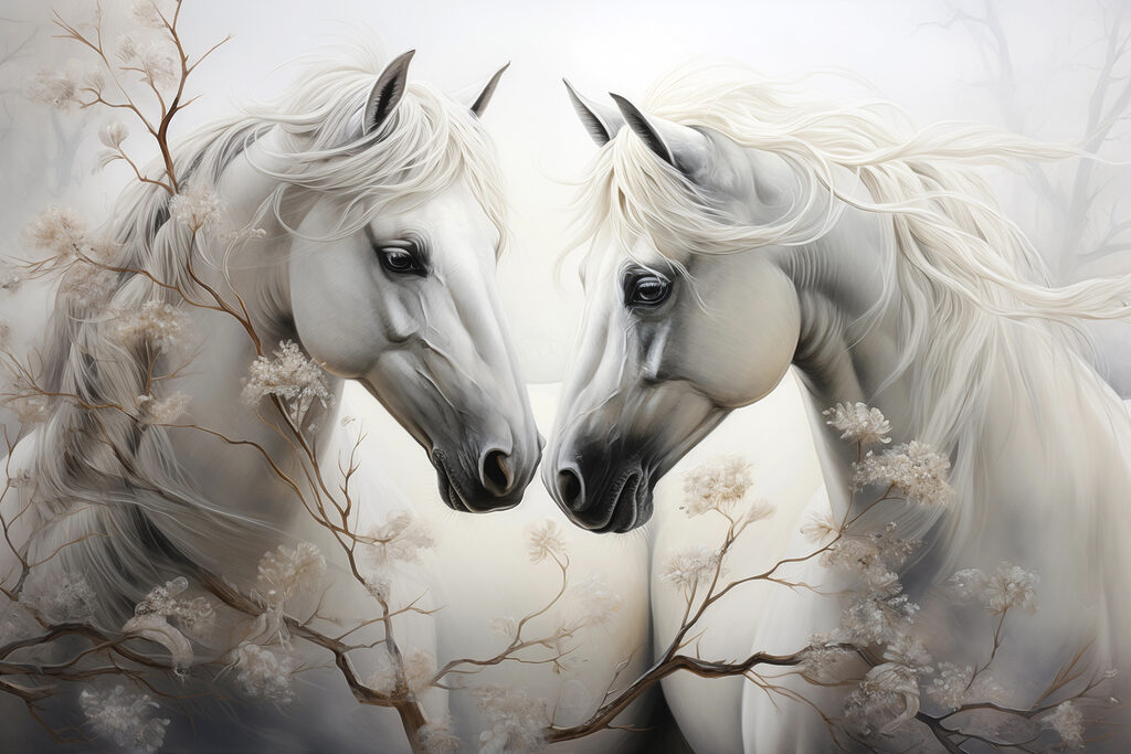 Two white horses with long manes Two white horses with long manes