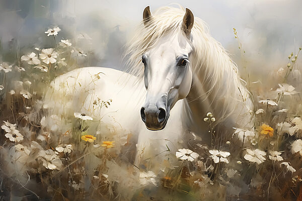 Weißes Pferd in einem Blumenfeld Weißes Pferd in einem Blumenfeld