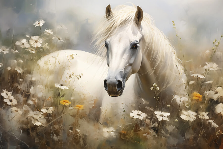 Weißes Pferd in einem Blumenfeld