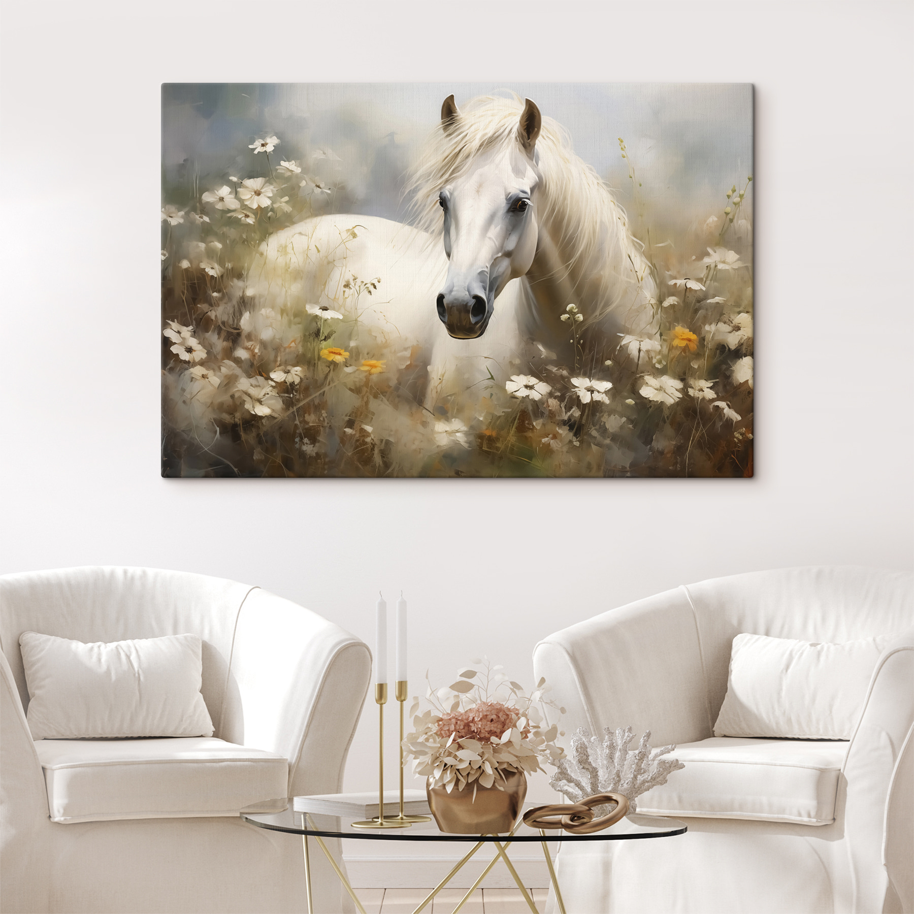 White horse in a field of flowers