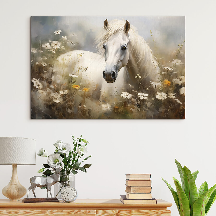 Weißes Pferd in einem Blumenfeld