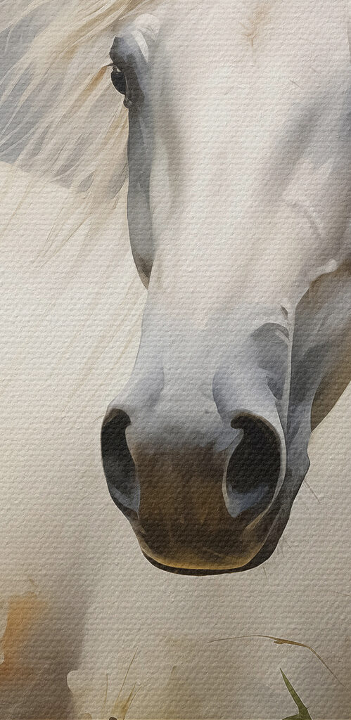 White horse in a field of flowers