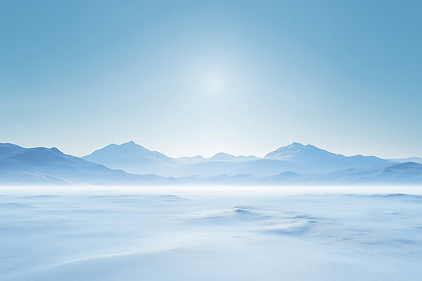 Verschneite Landschaft mit Bergen in der Ferne Verschneite Landschaft mit Bergen in der Ferne