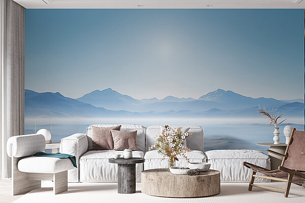 Verschneite Landschaft mit Bergen in der Ferne Verschneite Landschaft mit Bergen in der Ferne