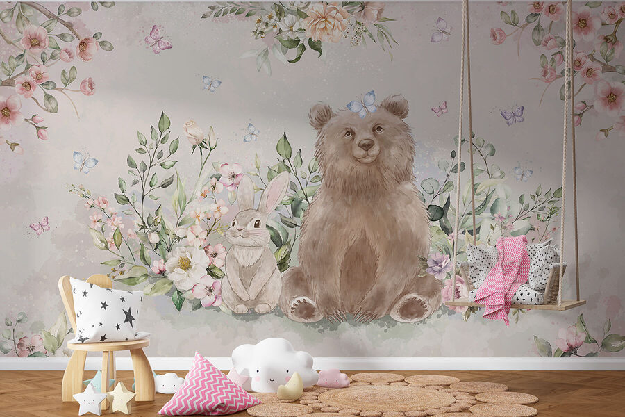 Bär und Kaninchen mit Blumen