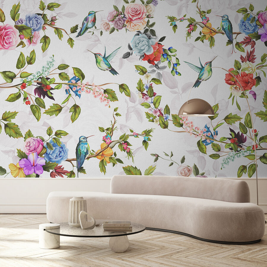 Tapete mit Blumen und Vögeln Tapete mit Blumen und Vögeln