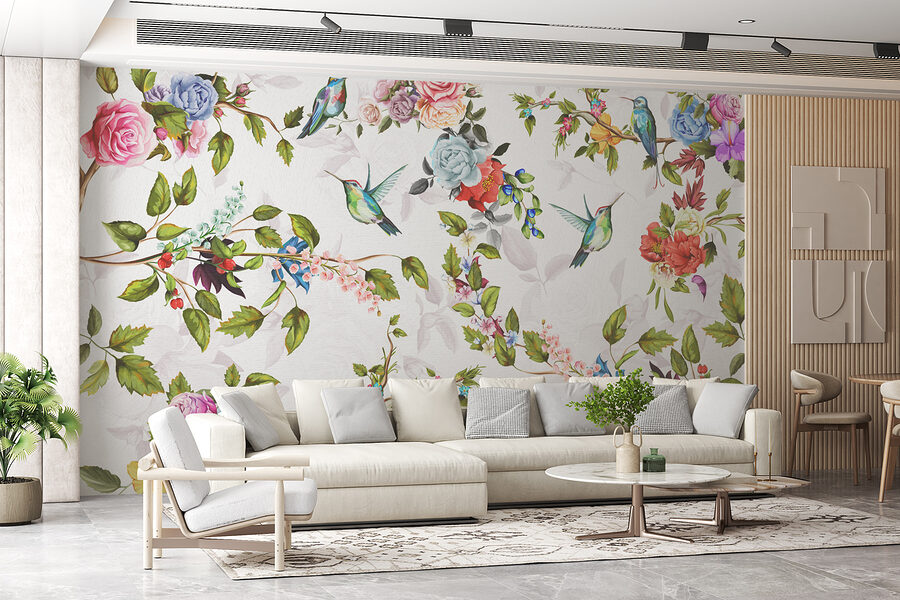 Tapete mit Blumen und Vögeln Tapete mit Blumen und Vögeln