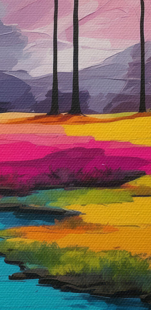 Painting of a river running through a field of colorful trees Painting of a river running through a field of colorful trees