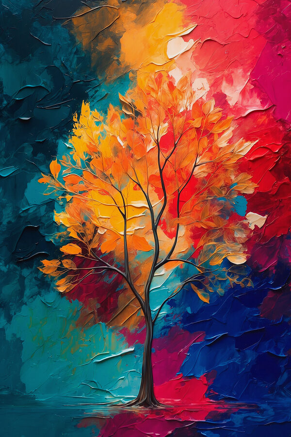 Gemälde eines Baumes mit orangefarbenen und blauen Blättern Gemälde eines Baumes mit orangefarbenen und blauen Blättern