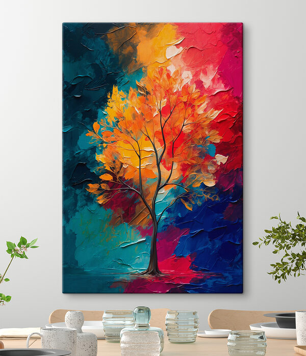 Gemälde eines Baumes mit orangefarbenen und blauen Blättern Gemälde eines Baumes mit orangefarbenen und blauen Blättern