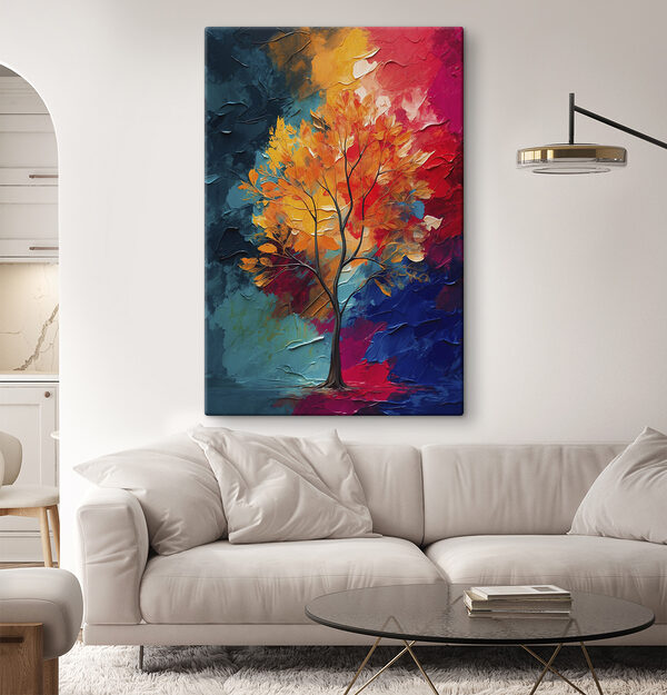 Gemälde eines Baumes mit orangefarbenen und blauen Blättern Gemälde eines Baumes mit orangefarbenen und blauen Blättern