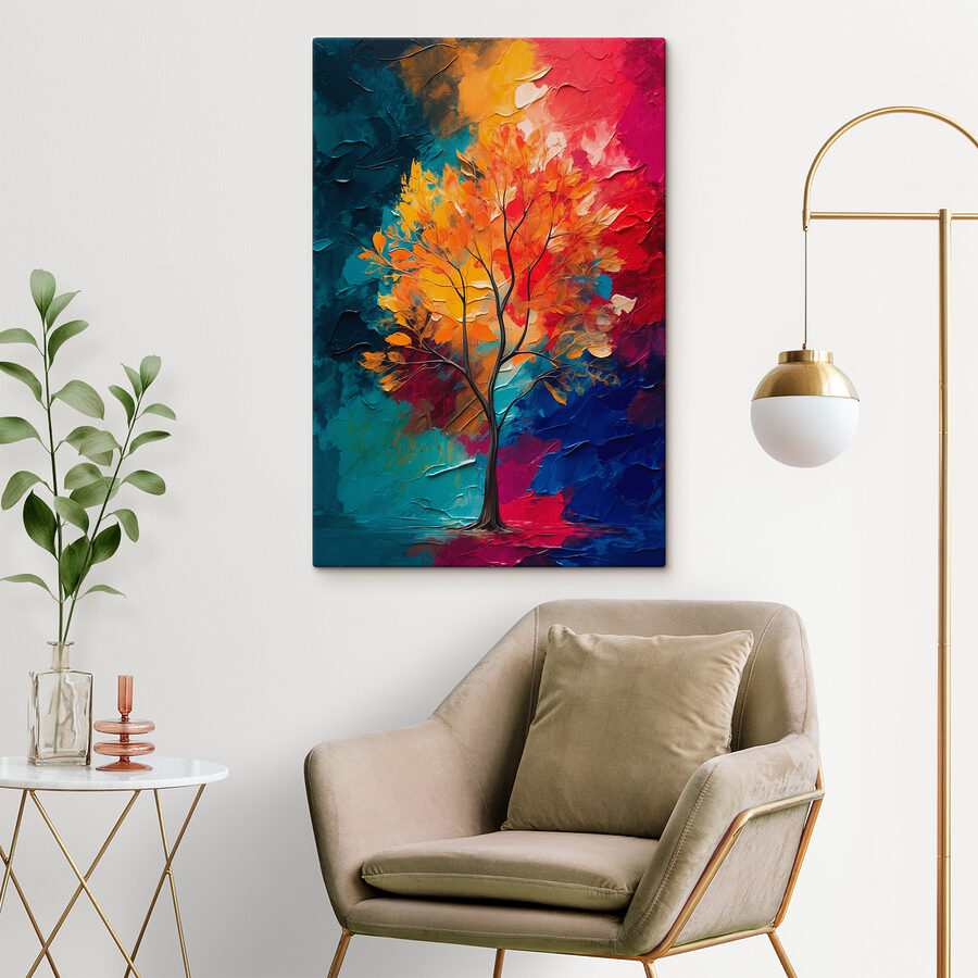 Gemälde eines Baumes mit orangefarbenen und blauen Blättern Gemälde eines Baumes mit orangefarbenen und blauen Blättern