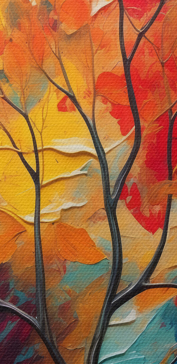 Gemälde eines Baumes mit orangefarbenen und blauen Blättern Gemälde eines Baumes mit orangefarbenen und blauen Blättern