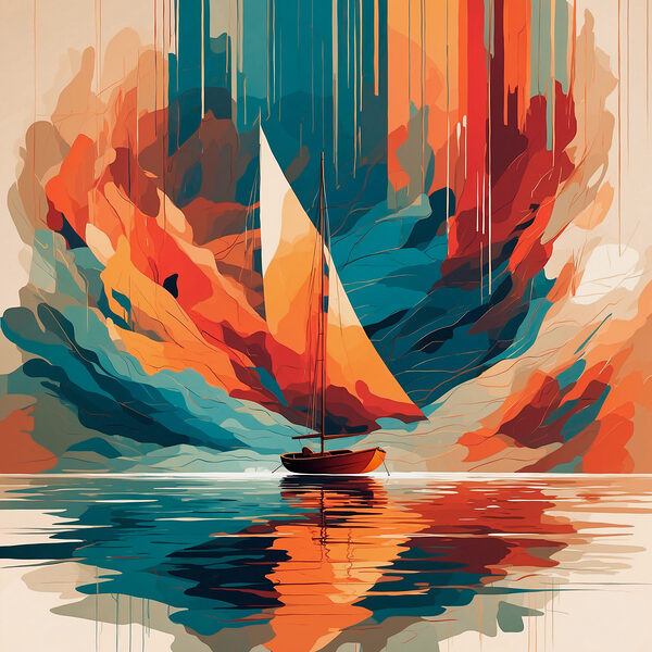 Segelboot auf dem Wasser mit bunten Wolken Segelboot auf dem Wasser mit bunten Wolken