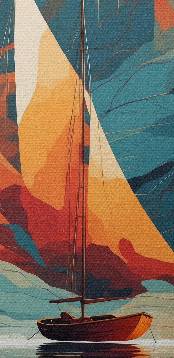 Segelboot auf dem Wasser mit bunten Wolken Segelboot auf dem Wasser mit bunten Wolken