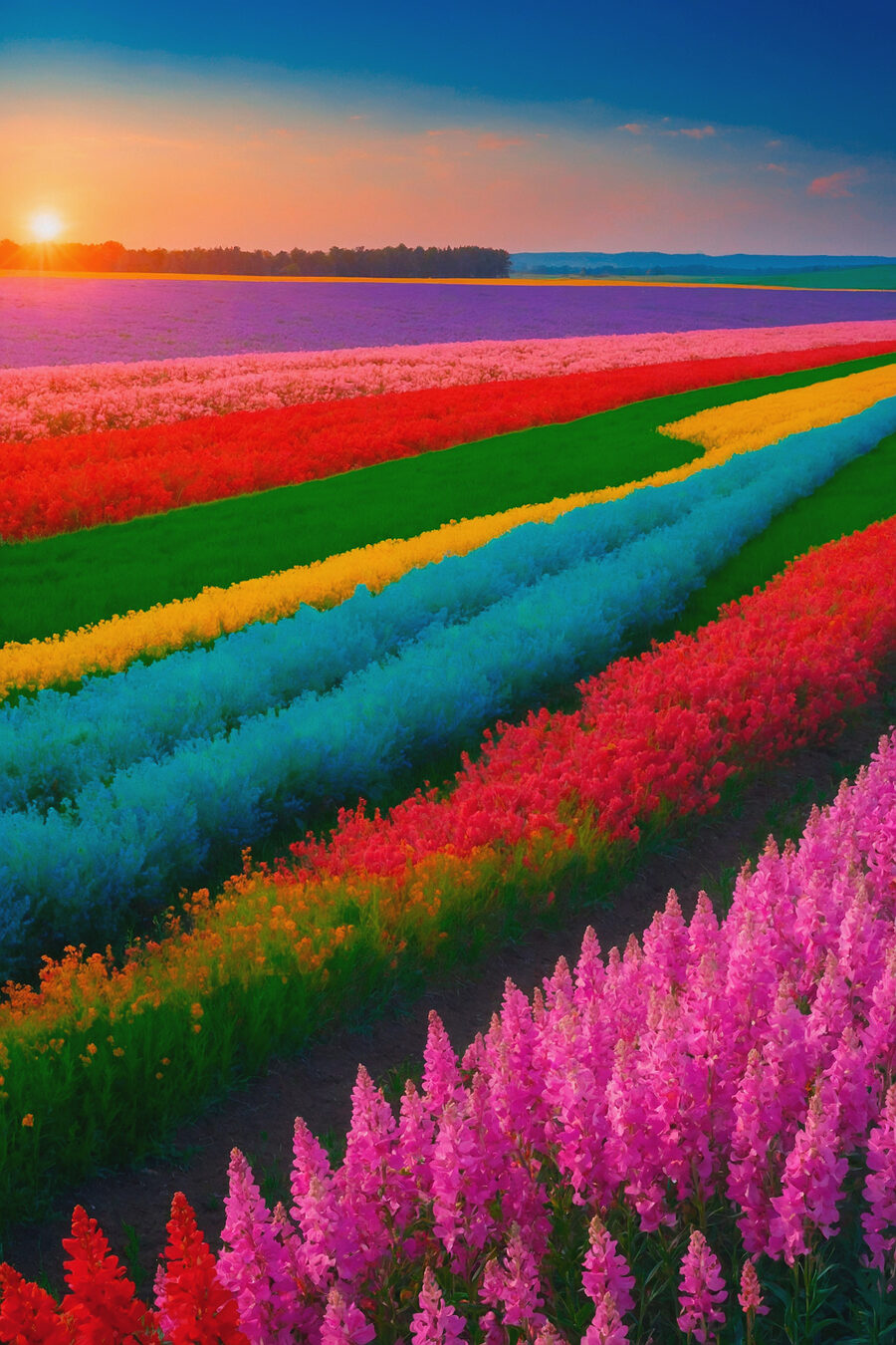 Blumenfeld mit der Sonne im Hintergrund