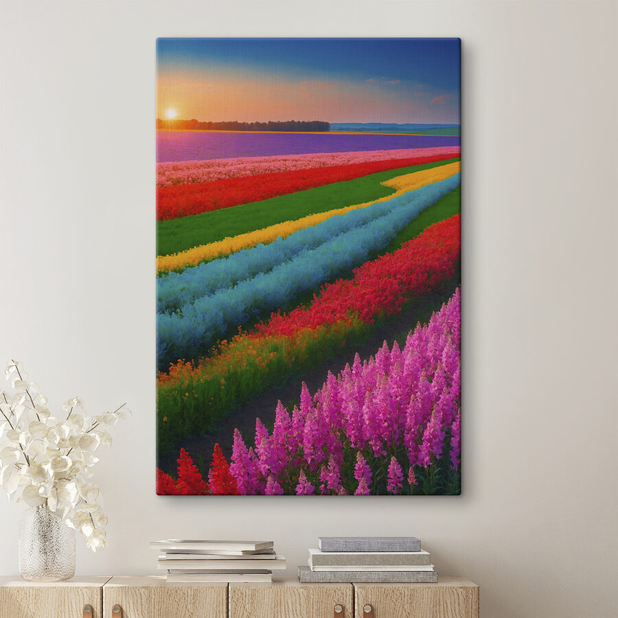 Blumenfeld mit der Sonne im Hintergrund