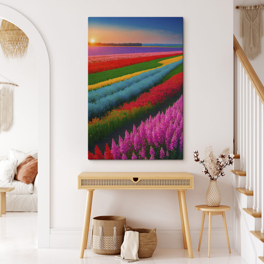 Blumenfeld mit der Sonne im Hintergrund